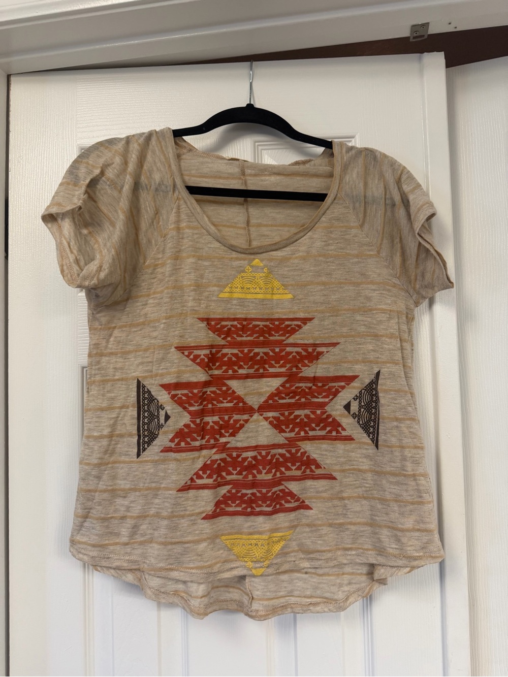 Nordstrom Beige Short Sleeve Tee with Red, Yellow & Black Geometric Print